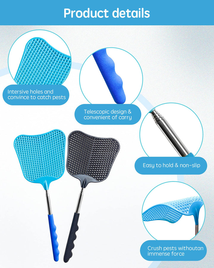 Fly Swatter Heavy Duty Set, with Durable Telescopic Stainless Steel Extendable Handles, for Home, Classroom and Office, 2Pcs, 2 Colors