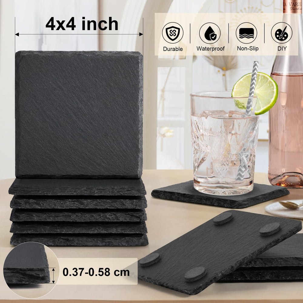 Slate Coasters, 4 Inch Coasters Set 12 Square Rustic Black Stone Coasters Set for Drinks with Anti-Scratch Backing for Halloween, Bar, Kitchen, Housewarming Gifts, Home Decor