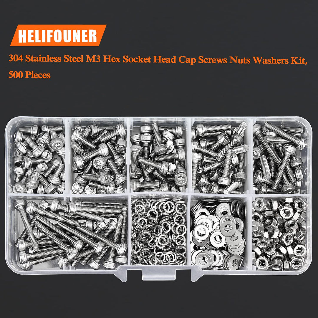 500 Pieces M3 x 6mm /8mm /10mm /12mm /16mm /20mm, Hex Socket Head Cap Metric Screws Bolts Washers Nuts Kit, 304 Stainless Steel