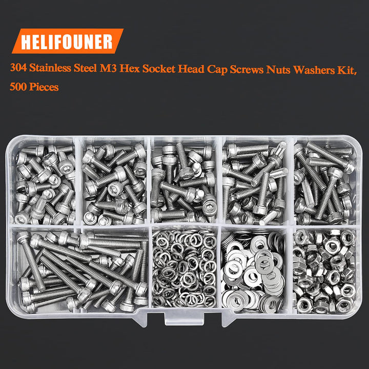 500 Pieces M3 x 6mm /8mm /10mm /12mm /16mm /20mm, Hex Socket Head Cap Metric Screws Bolts Washers Nuts Kit, 304 Stainless Steel