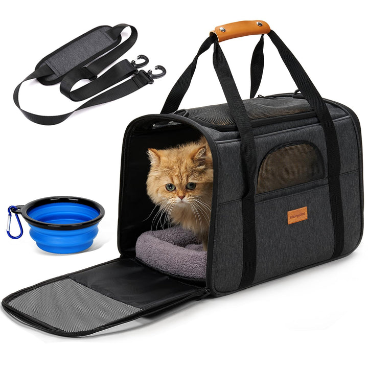 Large Cat Carrier - Soft Sided Cat Carrier Large for Big Medium Cats and Puppy up to 20lbs, Pet Carrier with Safety Zippers, Foldable Bowl, Pet Travel Carrier Bag - Dark Gray Large