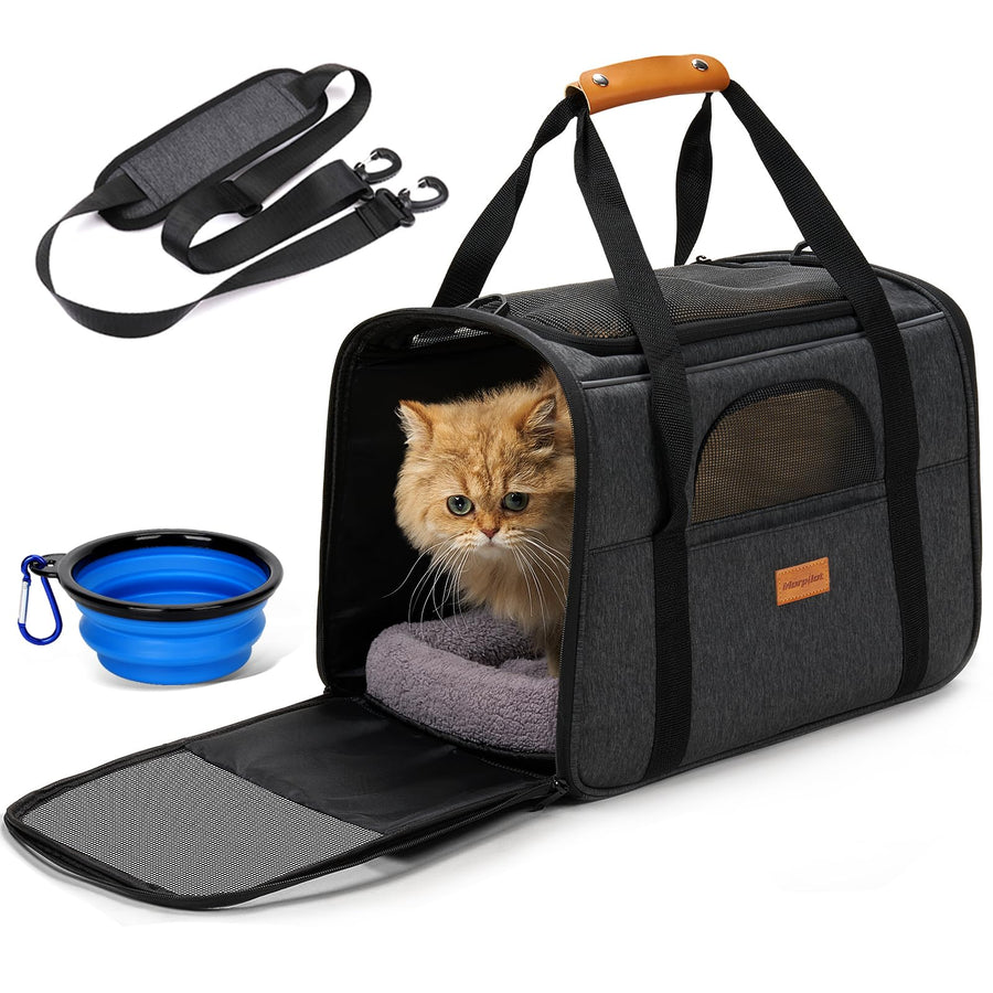 Large Cat Carrier - Soft Sided Cat Carrier Large for Big Medium Cats and Puppy up to 20lbs, Pet Carrier with Safety Zippers, Foldable Bowl, Pet Travel Carrier Bag - Dark Gray Large