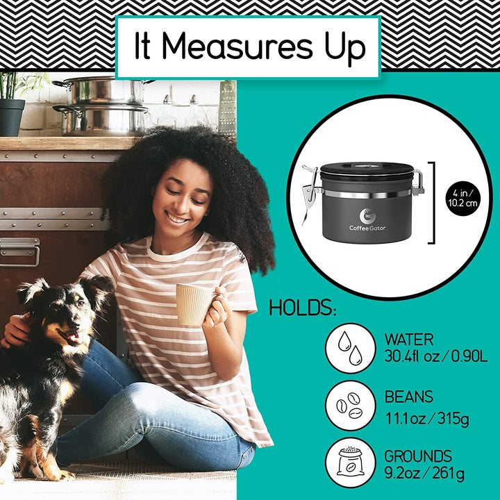 Stainless Steel Coffee Grounds and Beans Container Canister with Date-Tracker, CO2-Release Valve and Measuring Scoop - Large, 22oz, Gray