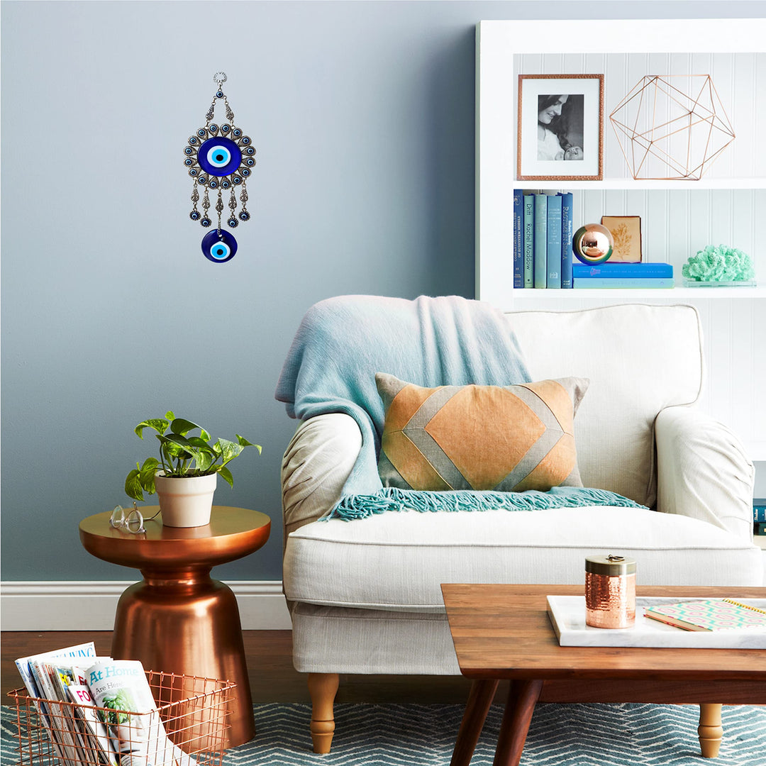 Evil Eye Wall Hanging: Large Double Blue Glass Ornament with Keychain - Turkish Greek Eye - Nazar Bead - Metal Home Decoration - Jewish Good Luck House Charm - Evil Eye Wall Decor