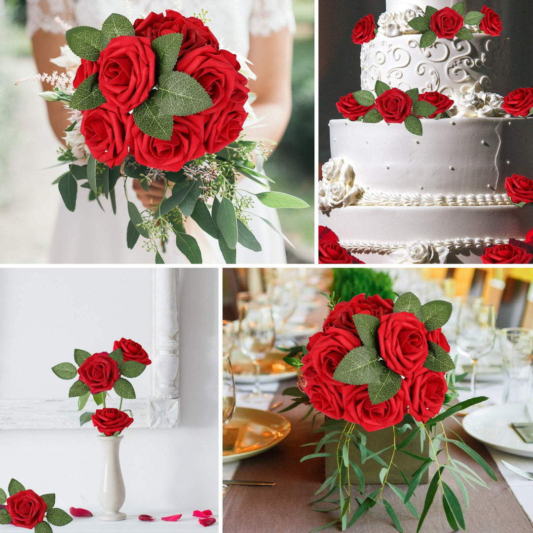 Artificial Flower Dark Red Rose 25pcs Real Looking Fake Roses w/Stem for DIY Wedding Bouquets Centerpieces Arrangements Party Baby Shower Home Decorations