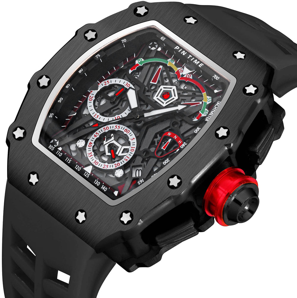 Mens Luxury Tonneau Square Watches Analog Punk Chronograph Unique Sports Wrist Watch Japanese Movement Luminous Design with Rubber Band (Black Black)