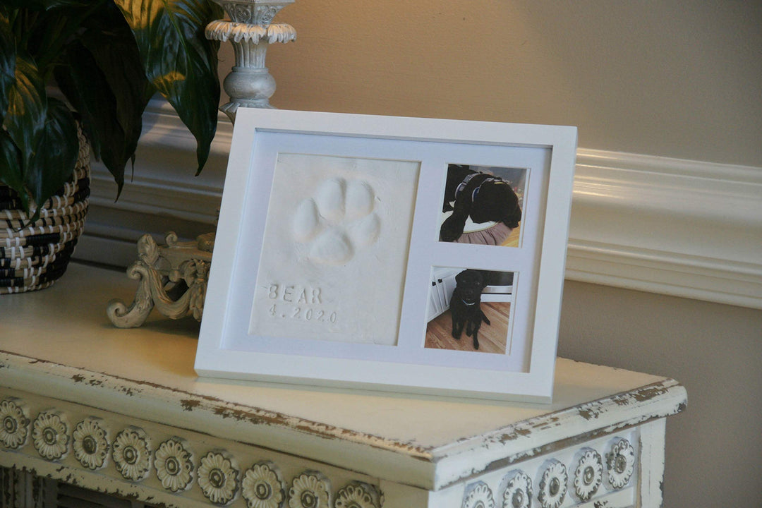 Ultimate Dog or Cat Paw Print Keepsake Kit &amp; Picture Frame - Premium Wooden Photo Frame, Clay Mold for Pet Pawprint &amp; Bonus Stencil. Makes a Personalized Gift for Pet Lovers and Memorials (White)