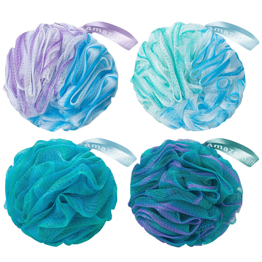 Shower Bath Sponge Shower Loofahs Balls 60g/PCS for Body Wash Bathroom Men Women- Set of 4 Flower Color Pack