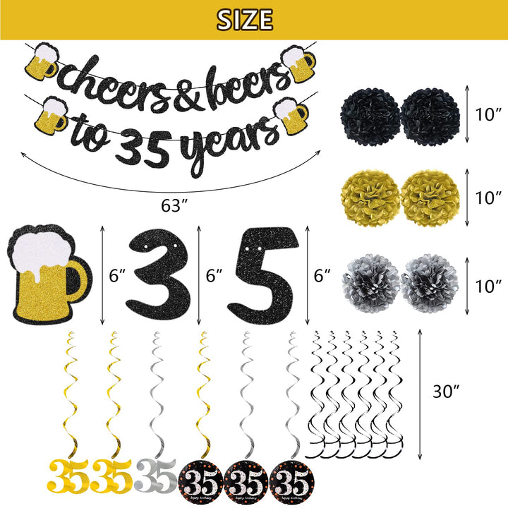 35th Birthday Decorations Kit for Men Women, Cheers to 35 Years Banner with Pom Poms Flowers, 35th Sparkling Hanging Swirl Decorations for 35th Birthday Wedding Party Supplies Decorations