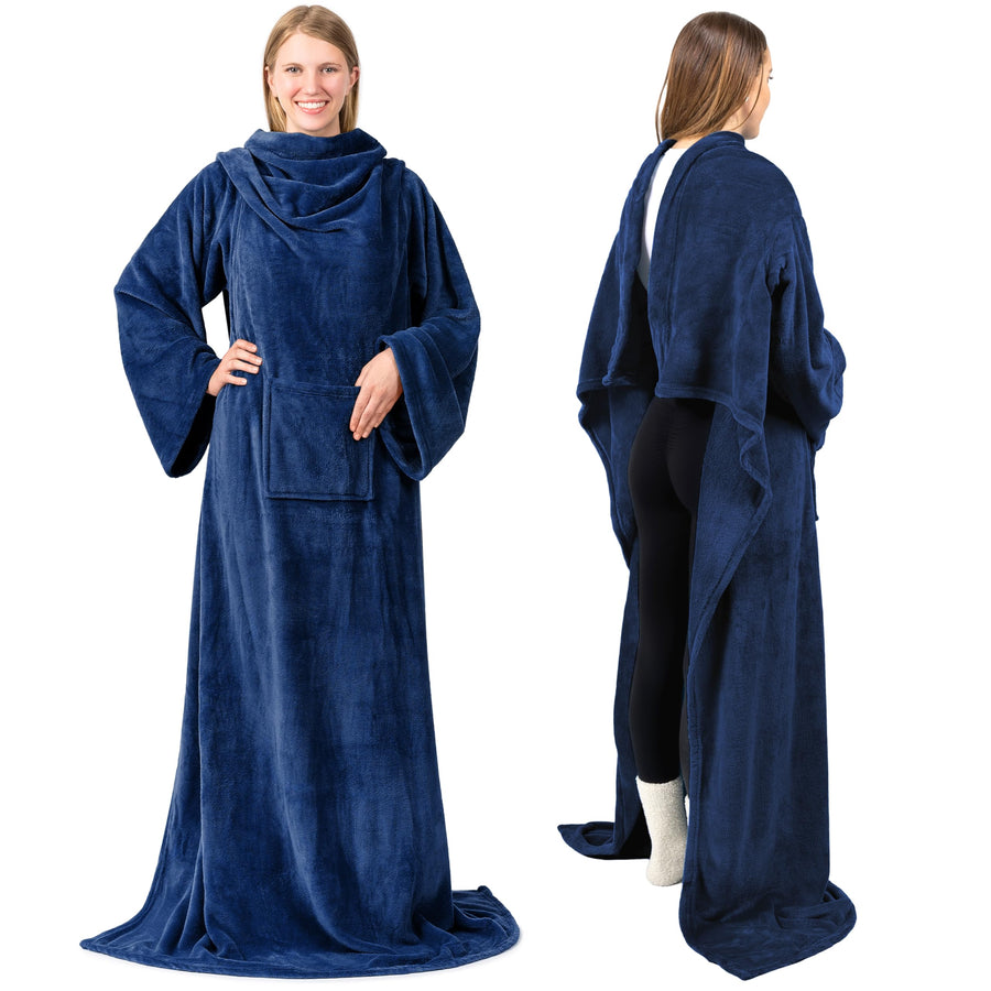 Wearable Blanket with Sleeves for Adult Women Men, Cozy Fleece Warm Wrap Throw Blanket with Arms, Pocket, Gifts for Christmas, Wife, Navy Blue