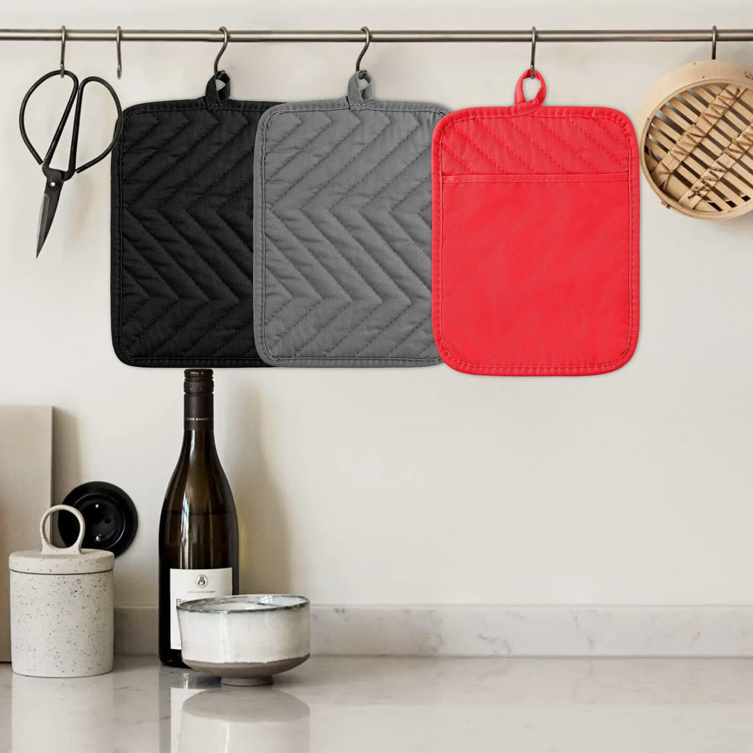 6Pcs Pot Holder with Pocket for Kitchen Black Grey Red Pocket Pot Holder Cotton Heat Resistant Potholder Coffee Coaster Kitchen Hot Pad Oven Mitts Hot Pads Trivet for Baking Cooking 7&#39;&#39;x9&#39;&#39;