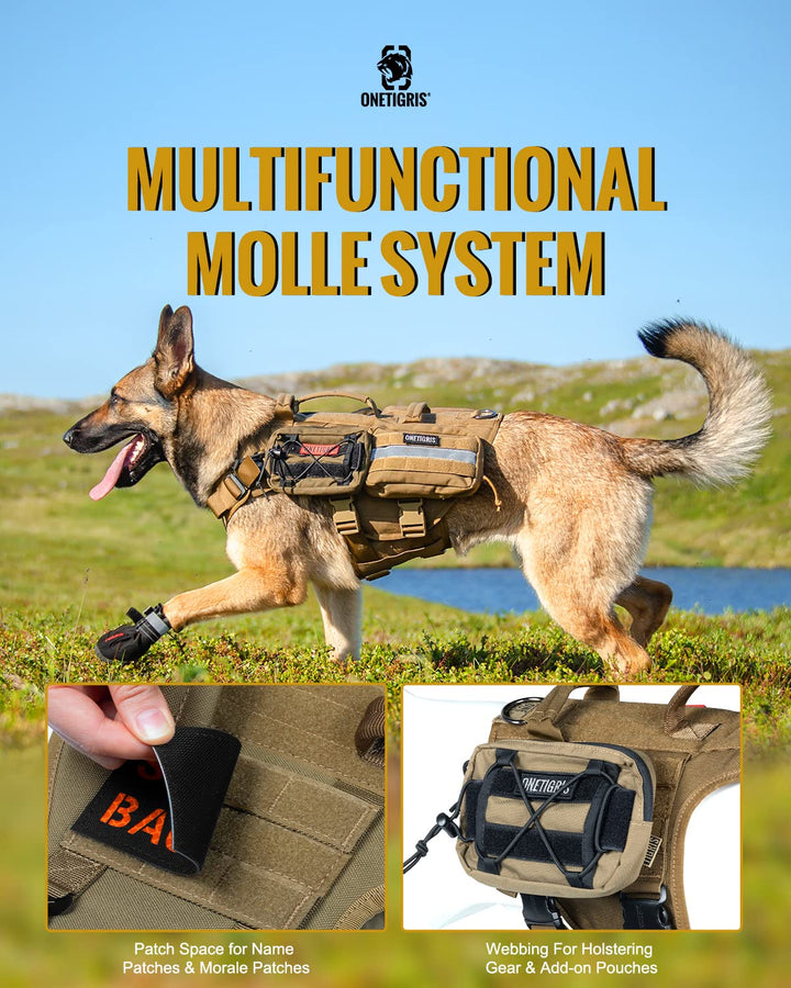 Tactical Large Dog Harness, Full Metal Buckled No Pull Dog Harness Vest with Hook &amp; Loop Panels, Military Adjustable Easy to Put On Dog Vest for Walking Hiking Training Brown