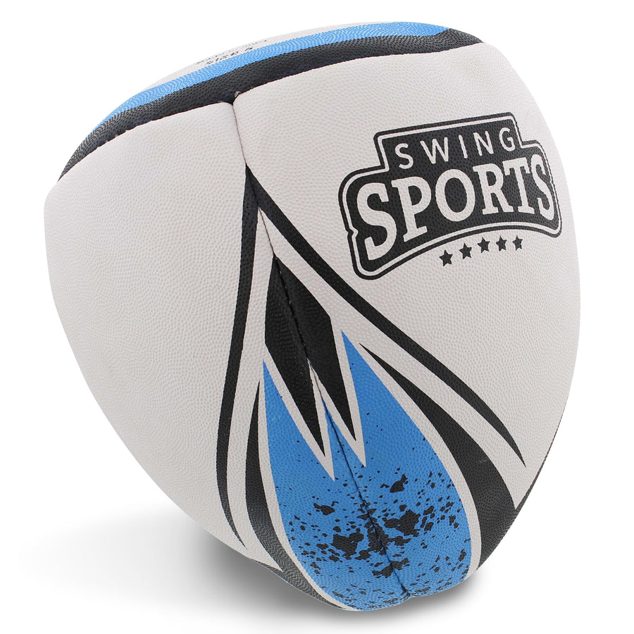 Rugby Ball - White, Black, and Blue Regulation Size 5 Match Rugby Training Ball for Practice or Gameplay