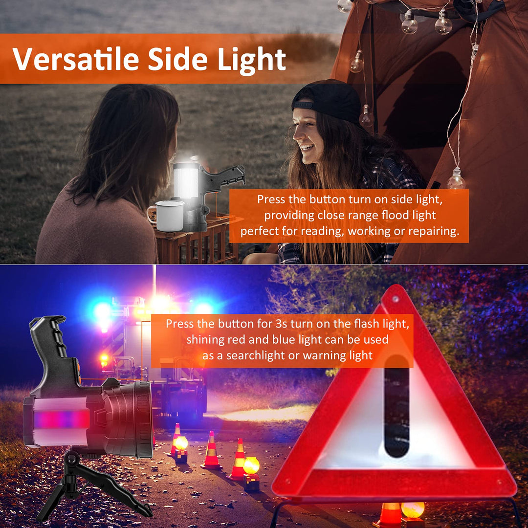 Spotlight 120000 Lumen Super Bright, 10000 mAh 30 Hours LED Rechargeable Flashlights, IP65 Waterproof Rechargeable Spotlight Come with Collapsible Tripod &amp; Strip for Hunting Boat Camping