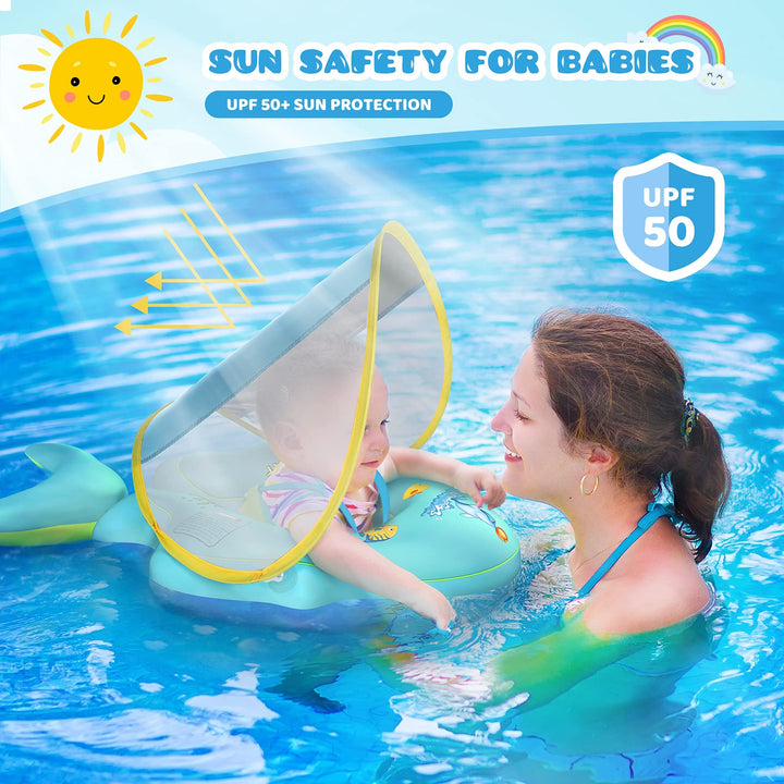 No Flip Over Baby Pool Float with Canopy UPF50+ Sun Protection, Inflatable Float with Sponge Safety Support Bottom, Fun Gifts Water Toys Accessories Baby Swim Floats for Pool 3-36 Months