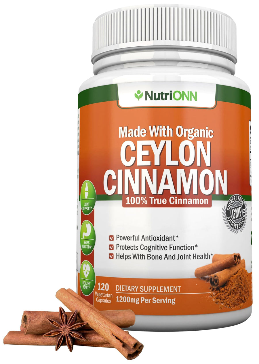 Organic Ceylon Cinnamon - 1200mg - 120 Capsules - True Cinnamon - Powerful Antioxidant - Supports Immune Health & Heart Health - Bone Health Support