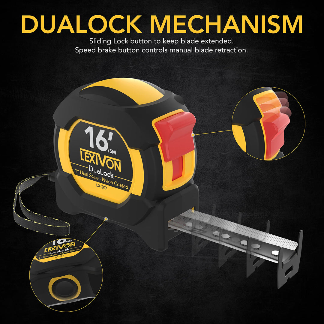16Ft/5m DuaLock Tape Measure | 1-Inch Wide Blade with Nylon Coating, Matt Finish White &amp; Yellow Dual Sided Rule Print | Ft/Inch/Fractions/Metric (LX-207)
