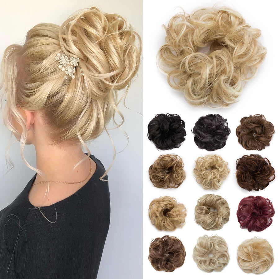 Messy Bun Hair Piece Scrunchy Updo Hair Pieces for Women Fluffy Wavy Hair Bun Scrunchies Donut Hairpiece Synthetic Chignons With Elastic Rubber Band Dark Blonde & Bleach Blonde 1 pc