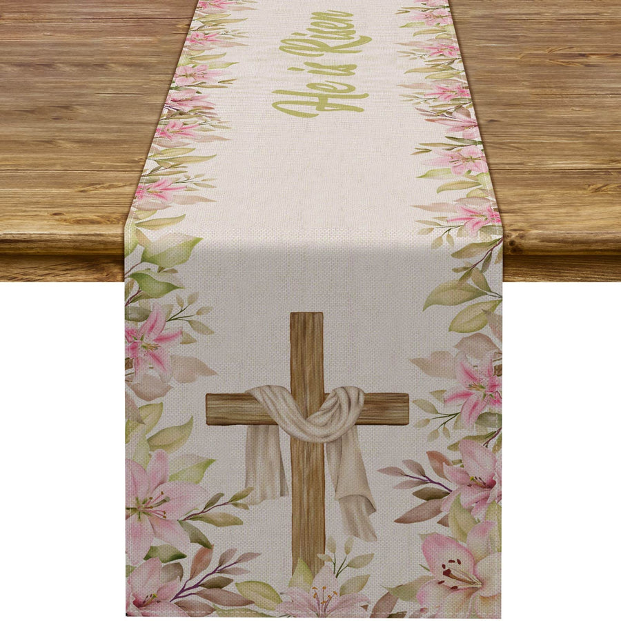 He is Risen Table Runner Easter Christian Cross Resurrection Lily Spring Holiday Party Kitchen Dining Home Decoration (13 x 72)
