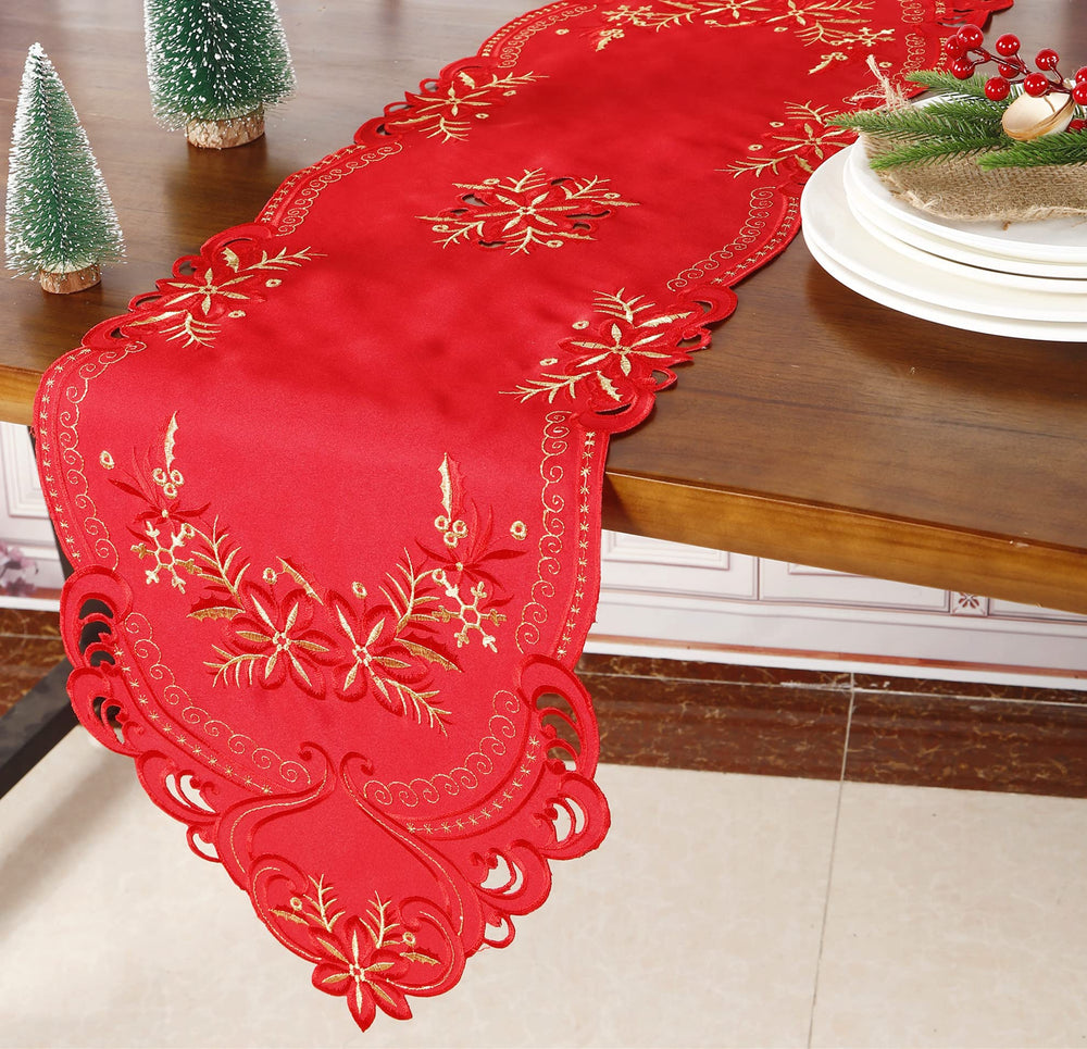 GRANDDECO Holiday Christmas Table Runner, Cutwork Embro