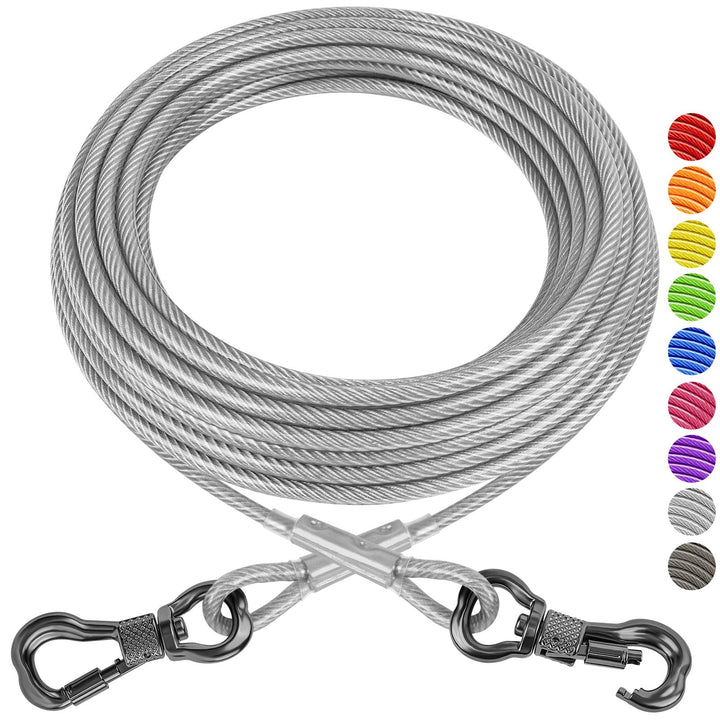 Dog Tie Out Cable 50ft, Outdoor Runner Lead Chain Tether for Small Medium Large Dogs, 5mm Diameter Cable,11000 lbs Break Strength, Reflective Silver