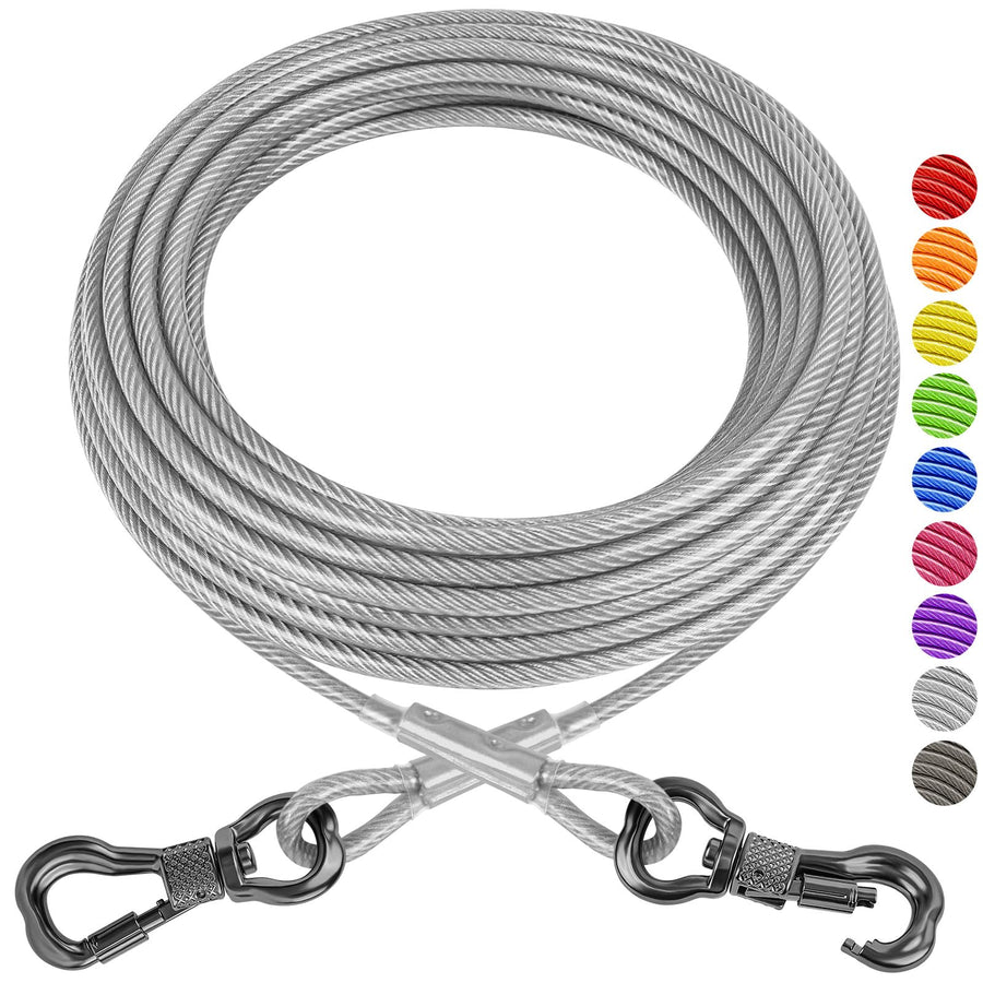 Dog Tie Out Cable 50ft, Outdoor Runner Lead Chain Tether for Small Medium Large Dogs, 5mm Diameter Cable,11000 lbs Break Strength, Reflective Silver