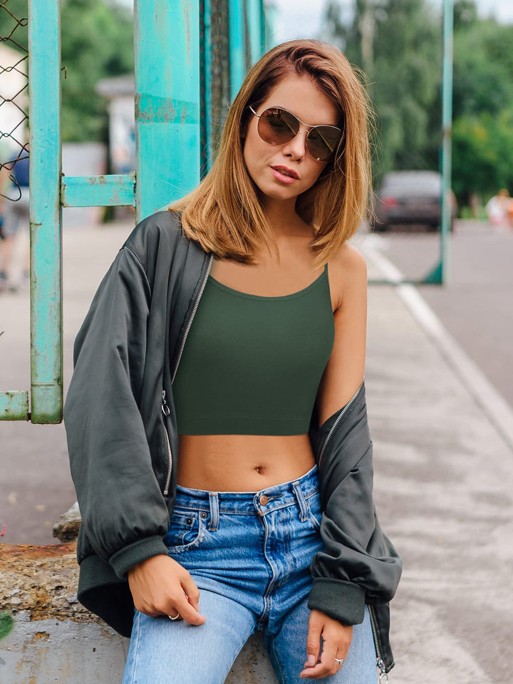 4 Pack Cropped Tank Tops for Women, Spaghetti Strap Crop Top Basic Sports Crop Cami Half Camisoles for Teen Girls (Blackish Green, Black, Chocolate, White, L)