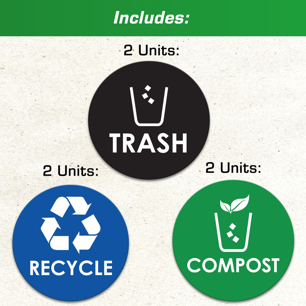 Trash Recycle Compost Stickers - [6-Pack, 4 Inch Round 