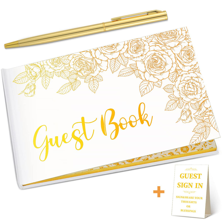 Wedding Guest Book with Pen Wedding Memory Book with Table Cards Guest Sign-in Book White Cover with Foil for Guests Visitors to Sign at Wedding Party Hotel Bridal Shower, 9 x 6 Inch(Stylish)