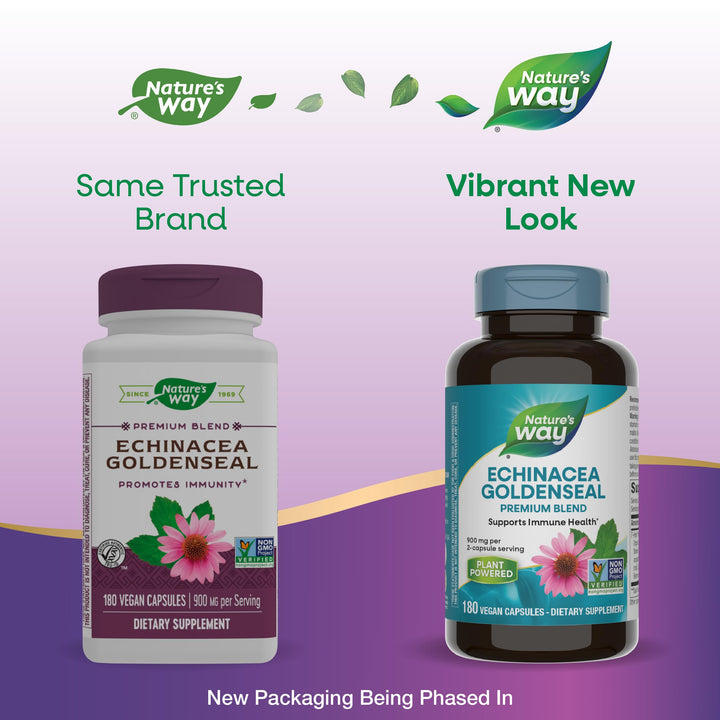 Nature&#39;s Way Echinacea Goldenseal, Premium Blend, Supports Immune Health*, 900 mg per 2-Capsule Serving, Non-GMO Project Verified, Vegan, 180 Capsules (Packaging May Vary)
