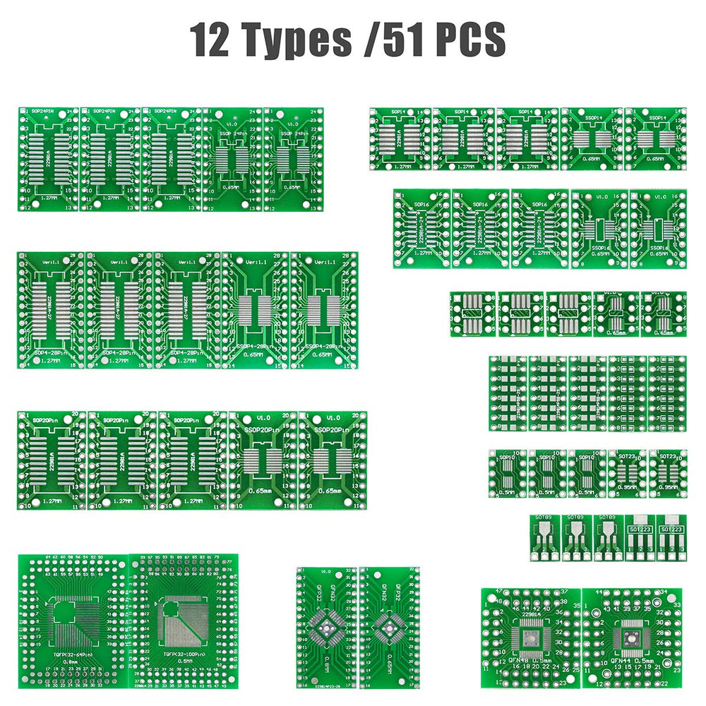 12 Types SMD to DIP Adapter PCB Proto Board Kit SOP8 SOP10 SOP14 SOP16 SOP20 SOP24 SOP28 0402/0603/0805 SMT SOT89/SOT223 TQFP100 QFN32 QFN44/48 with 40pcs 2.54mm Pin Header