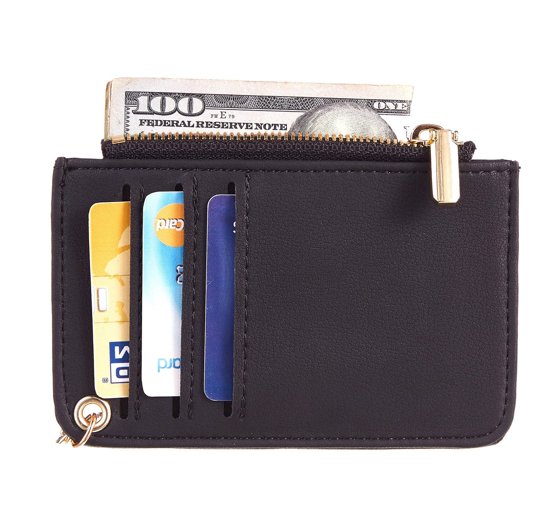 Womens Keychain Wallet Slim Front Pocket Minimalist RFID Blocking Credit Card Coin Change Holder Purse Wallet (Black Smooth)