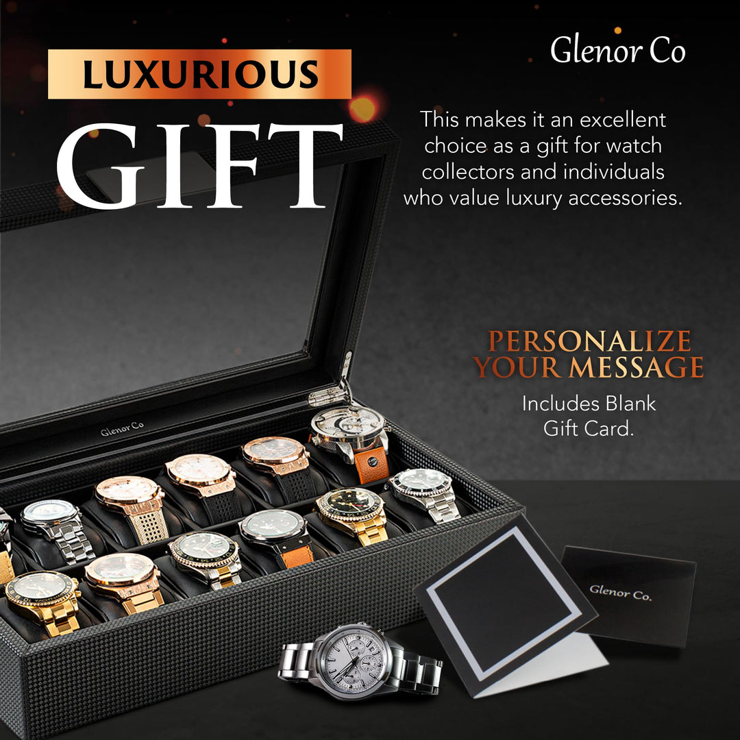 Glenor Watch Box For Men - 12 Slot Luxury Carbon Fiber Design Display Case, Large Holder, Metal Buckle -Black By
