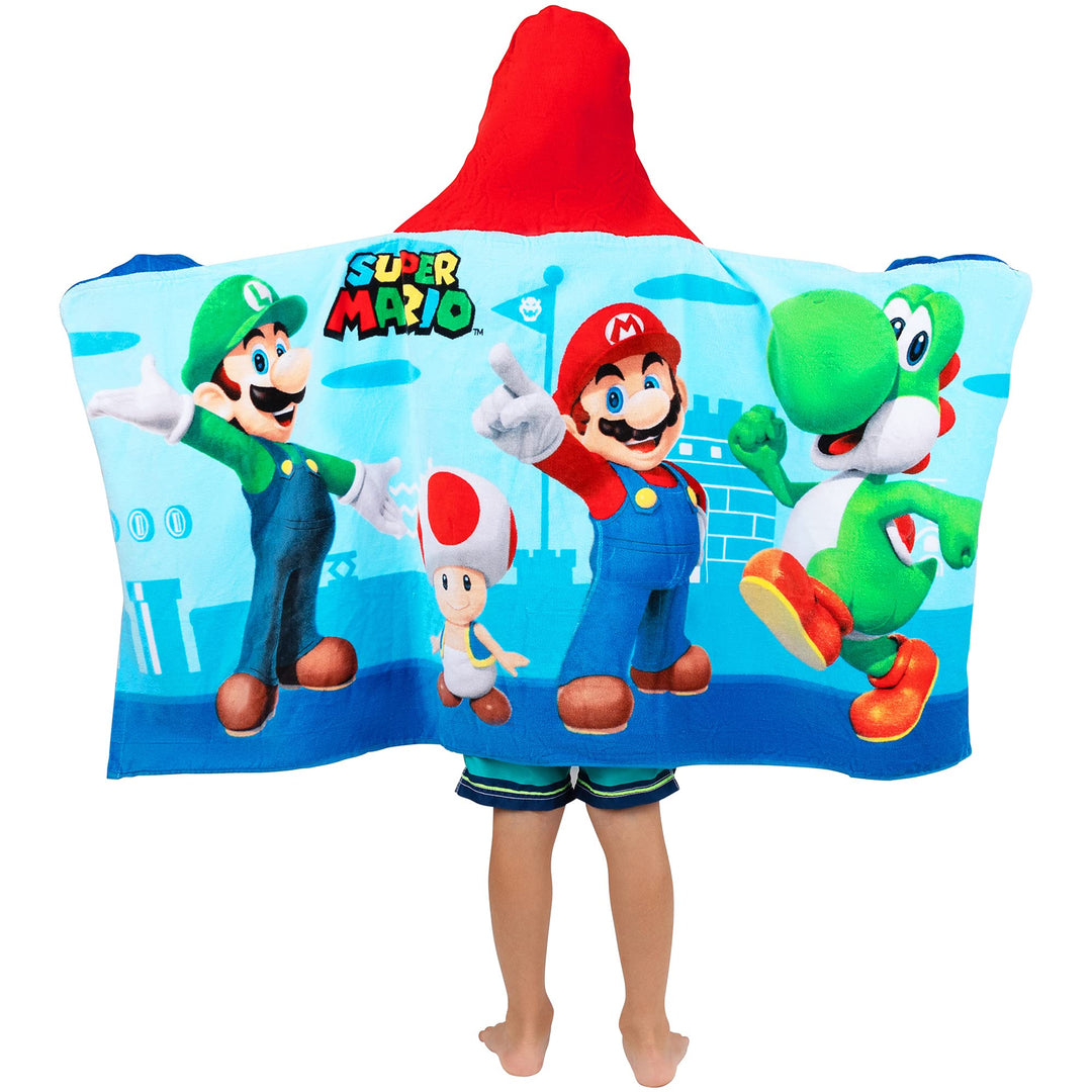 Super Mario Bath/Pool/Beach Soft Cotton Terry Hooded Towel Wrap, 24 in x 50 in, By Kids