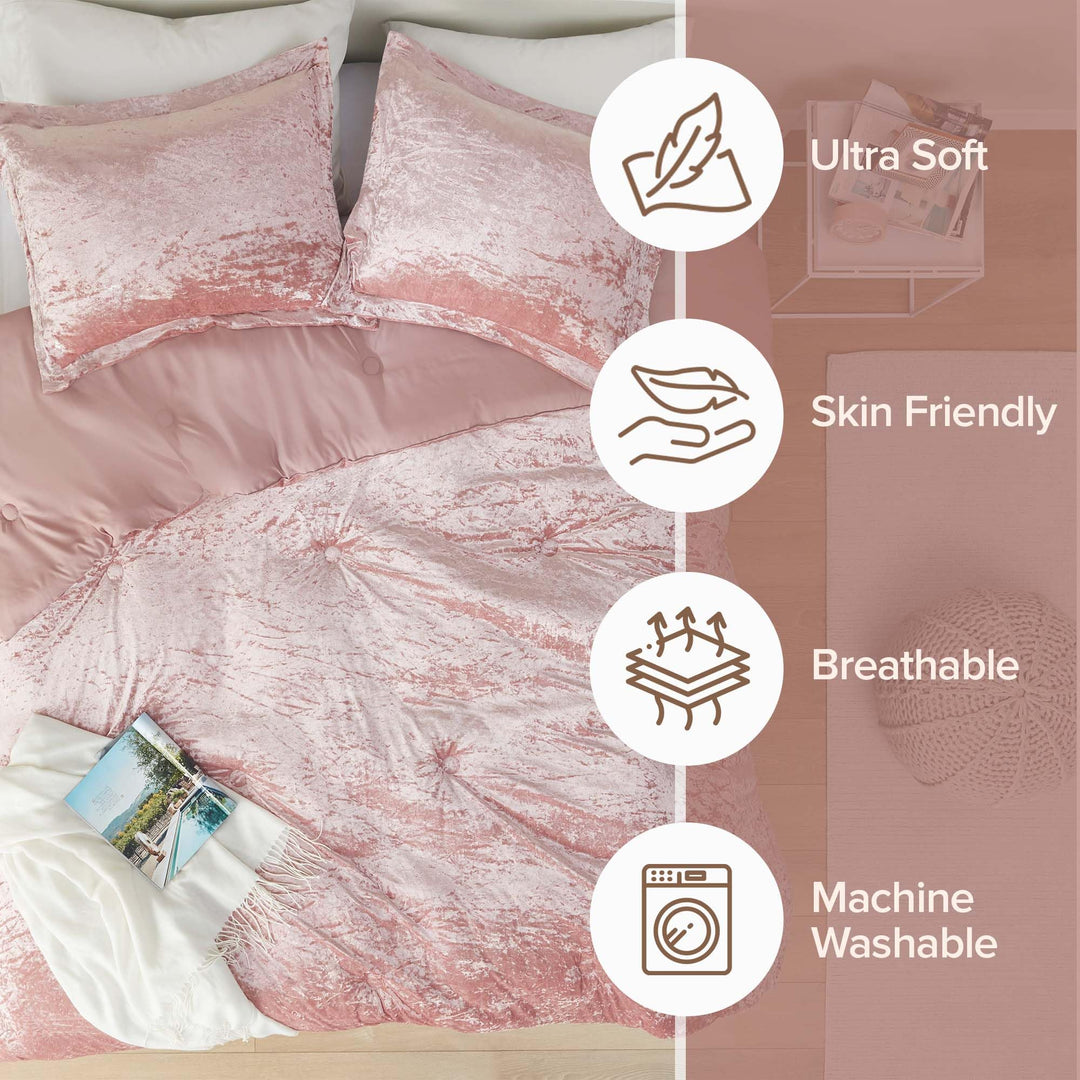 Juliette Luxe Comforter Set Velvet Lush with Soft Brushed Microfiber Reverse, All Season Cozy Velvet Bedding Sets, Fluffy Comforter Bed Set, Matching Sham, Blush Full/Queen 3 Piece