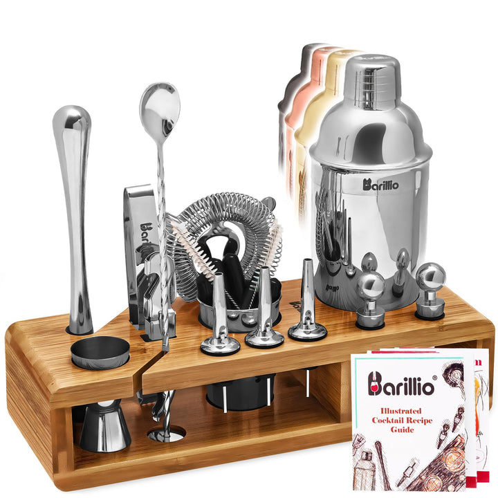 Barillio Bartender Kit - Stainless-Steel Cocktail Shaker Set w/Bamboo Stand - Mixology Bar Tools w/Drink Shaker, Mixer Spoon &amp; Muddler for Cocktails - Home Bar Accessories - 23-Pc Bar Set - Silver