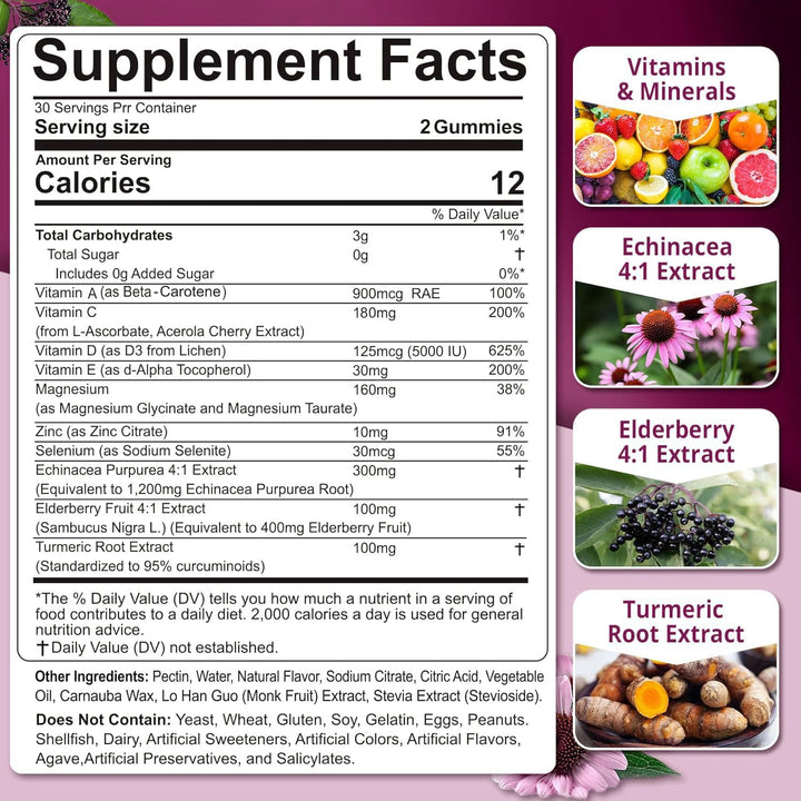 10-In-1 Immune Gummies with Multivitamins, 100% Daily Zinc, Vitamin C &amp; D3 Immunity Supplement + Echinacea, Sambucus Elderberry, Turmeric, Magnesium - Immune Support, Overall Health, Sugar Free, 60Cts