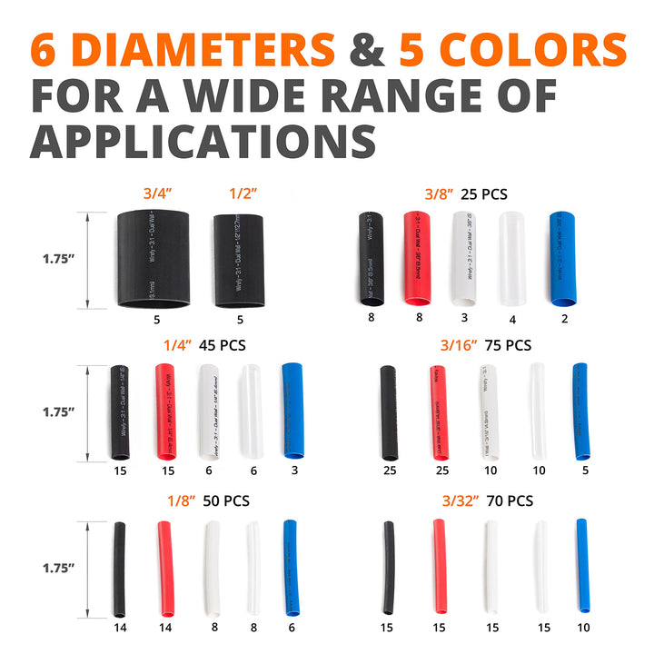 Heat Shrink Tubing Kit - 3:1 Ratio Adhesive Lined, 1.75 Length, Wire Shrink Wrap Tubing - Automotive Industrial Heat-Shrink Tubing - Black, Red, White, Clear, Blue - 275 PCS