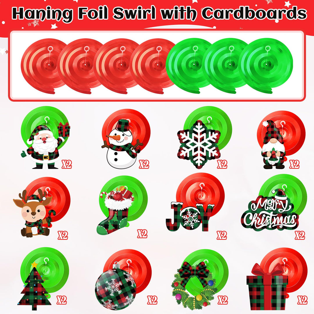 30 Pieces Christmas Hanging Foil Swirl Decorations Set Xmas Holiday Snowman Elk Sign Hanging Swirls Ceiling Decorations for Indoor Outdoor Happy Christmas Holiday Party Decor (Red, Black)