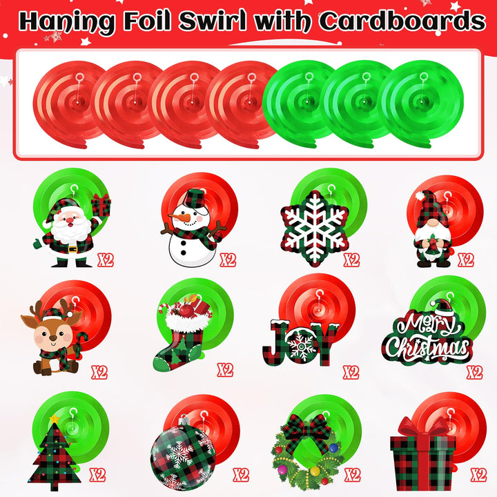 30 Pieces Christmas Hanging Foil Swirl Decorations Set Xmas Holiday Snowman Elk Sign Hanging Swirls Ceiling Decorations for Indoor Outdoor Happy Christmas Holiday Party Decor (Red, Black)