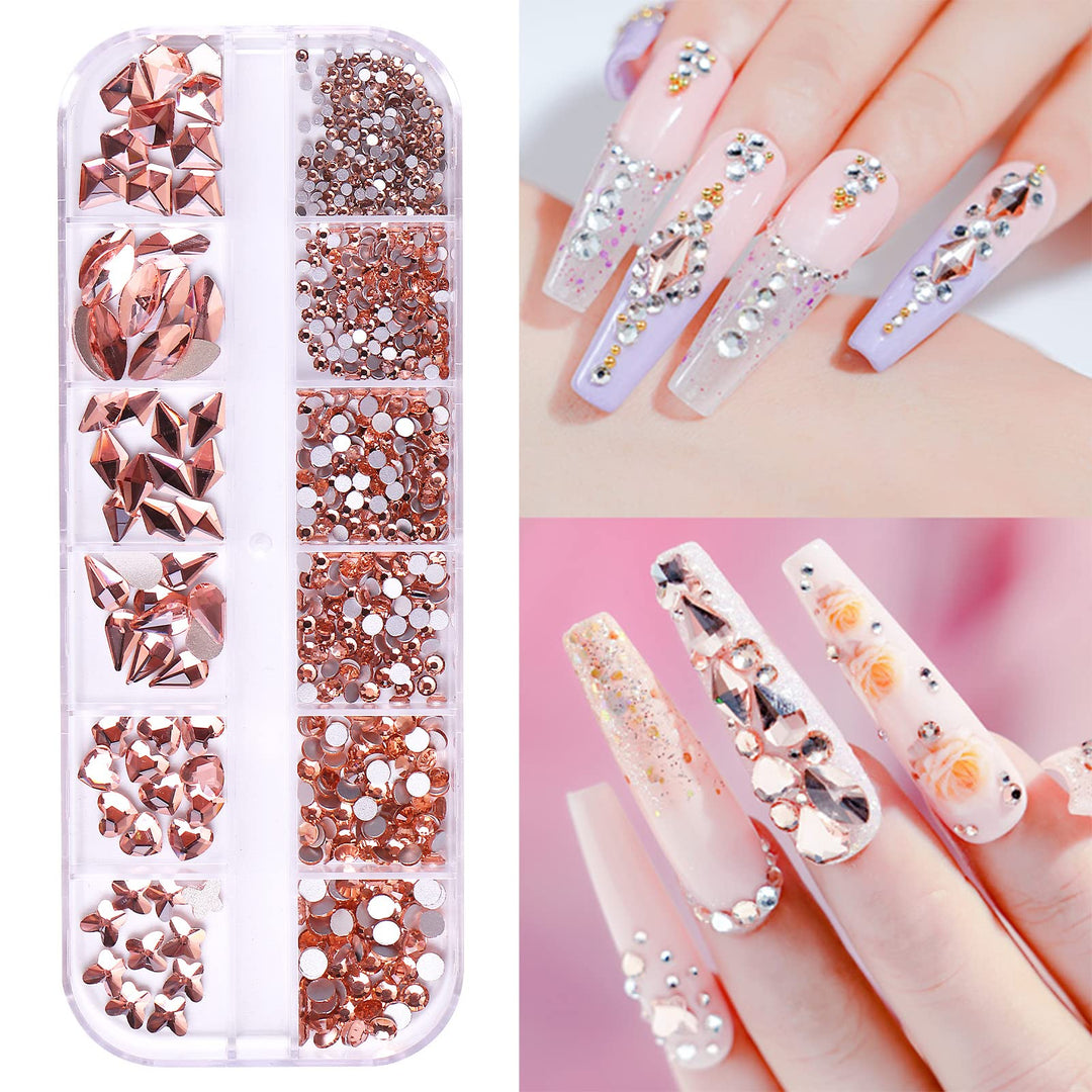 810Pcs Sparkly Champagne Nail Rhinestones 3D Nail Art Diamond for Nails Decoration Muliti Size Crystal Bead Flatback Gem Stones Gold Crystal Rhinestones for Nail Design Charms DIY Crafts