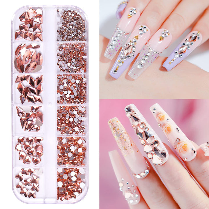 810Pcs Sparkly Champagne Nail Rhinestones 3D Nail Art Diamond for Nails Decoration Muliti Size Crystal Bead Flatback Gem Stones Gold Crystal Rhinestones for Nail Design Charms DIY Crafts