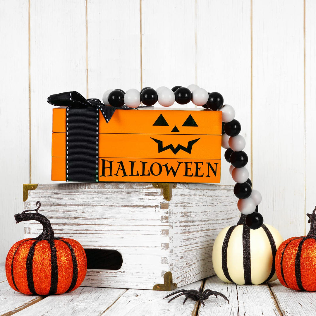 Halloween Wooden Book Stack Pumpkin Wooden Block Signs with Bead Ornament Halloween Wooden Faux Books Tiered Tray Decor for Home Kitchen Shelf Tabletop Display Halloween Party Decorations