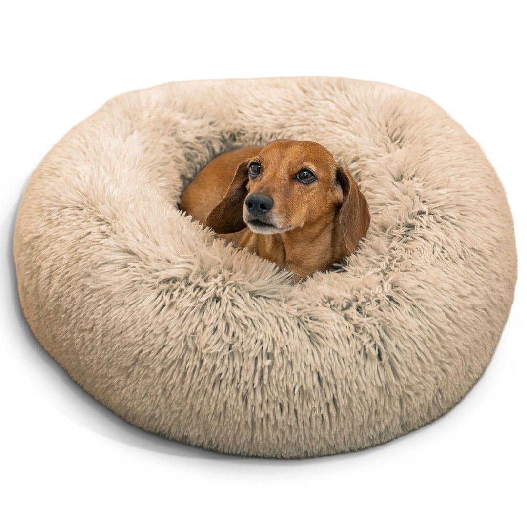 The Original Calming Donut Dog and Cat Bed in Shag Fur, Taupe, Small, 23x23