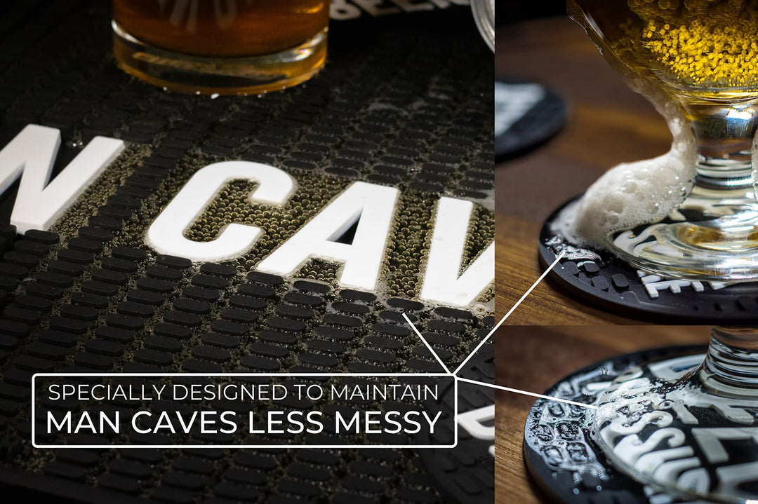 Bodomor Bar Mat &amp; 8 Funny Coasters for Drinks - Coffee Maker Mat &amp; Cup Coasters Set 17.8x11.8 Rubber Drying Mat with Coasters Man Cave Decor (Black)