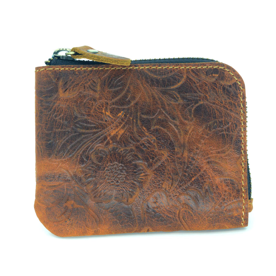 Genuine Leather Zipper Coin Purse Wallet With Key Car Smart Holder, Change Purse, Coin Pouch Holder For Men (Flower brown)