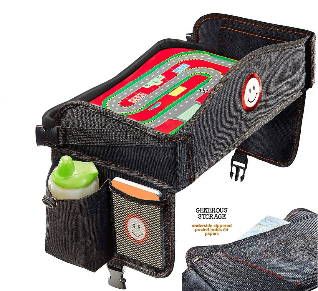 Coolmum Kids Travel Tray, Toddler Car Seat Tray, Double Sided Activity Organizer, Snack Lap Tray, Baby Stroller Tray, Airplane Play Table, Waterproof and Foldable (Premium Red)