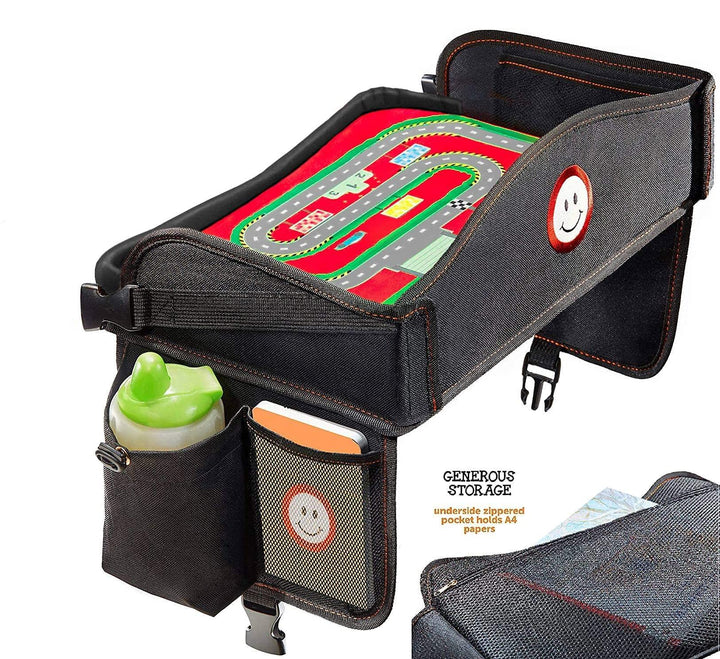 Coolmum Kids Travel Tray, Toddler Car Seat Tray, Double Sided Activity Organizer, Snack Lap Tray, Baby Stroller Tray, Airplane Play Table, Waterproof and Foldable (Premium Red)