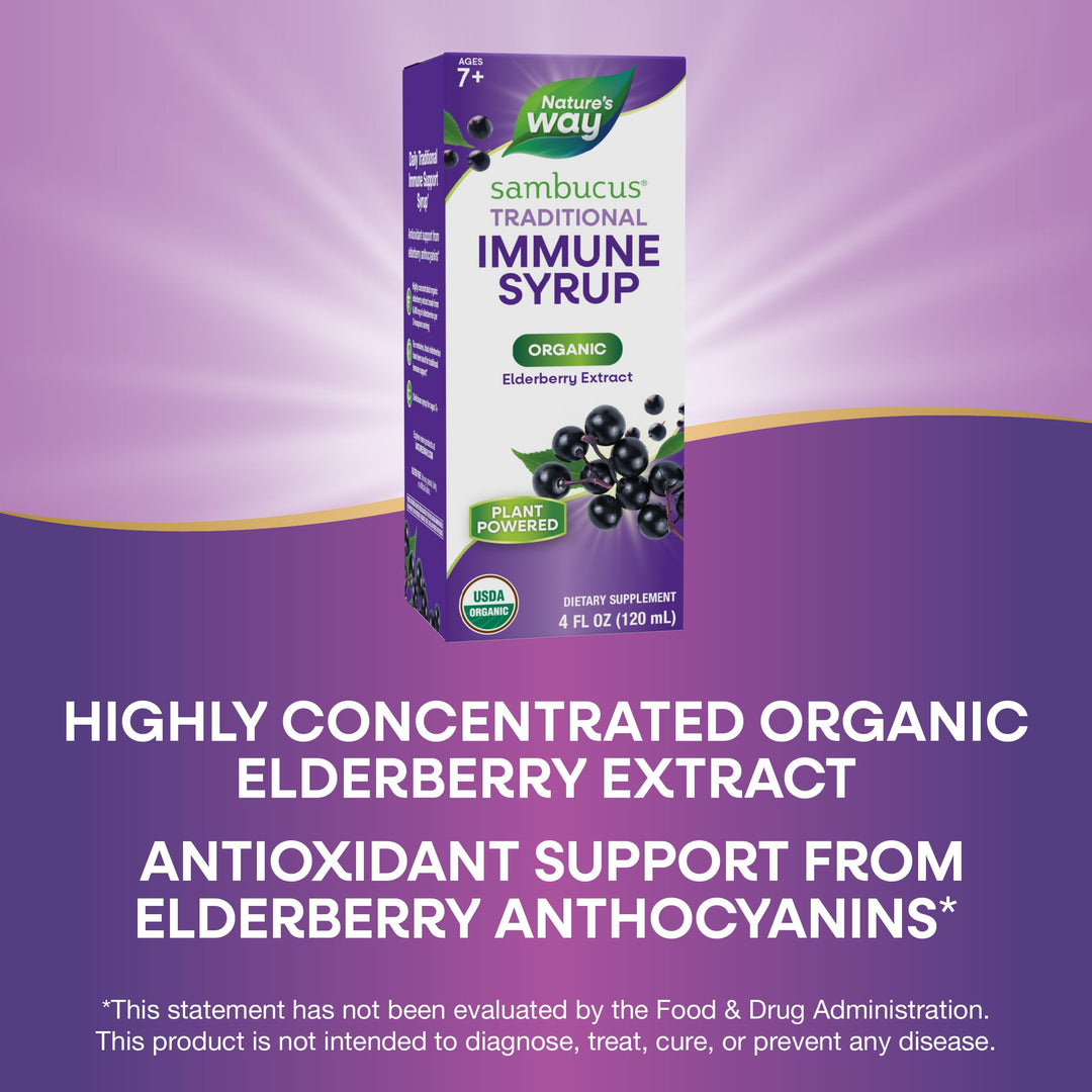 Nature&#39;s Way Sambucus Elderberry Traditional Immune Syrup for Ages 7+, Traditional Immune &amp; Antioxidant Support*, Organic Black Elderberry Extract, USDA Certified Organic, 4 Fl Oz (Packaging May Vary)