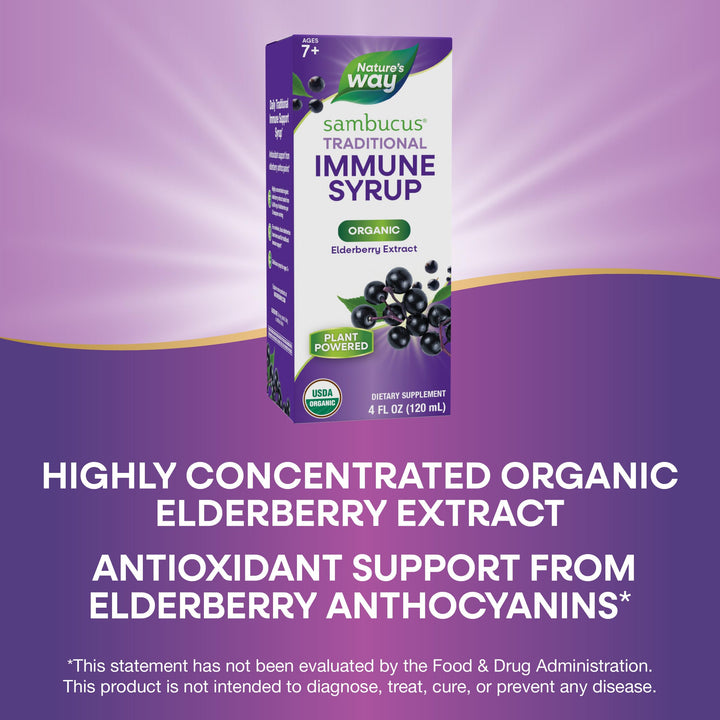 Nature&#39;s Way Sambucus Elderberry Traditional Immune Syrup for Ages 7+, Traditional Immune &amp; Antioxidant Support*, Organic Black Elderberry Extract, USDA Certified Organic, 4 Fl Oz (Packaging May Vary)
